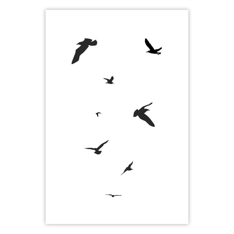 Poster Evening Flight - black and white fantastical flying birds on white background