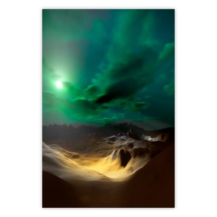 Poster Bright Night - landscape of moonlight on green sky and clouds