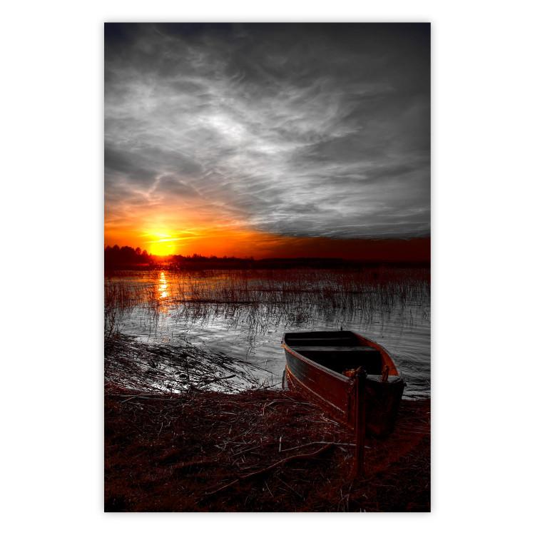Poster Romantic Lake - landscape of lake against sunset backdrop