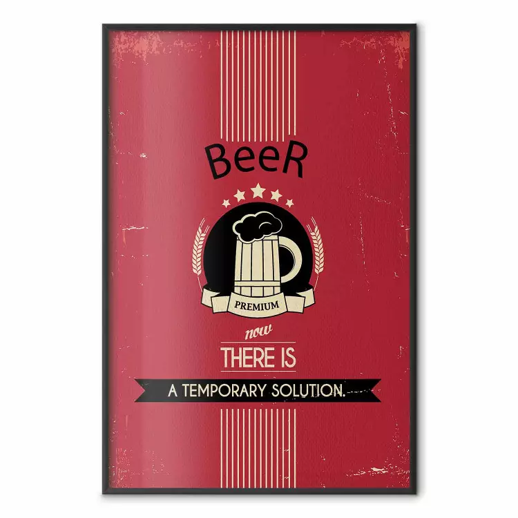 Premium Beer - English captions and beer illustration on red background