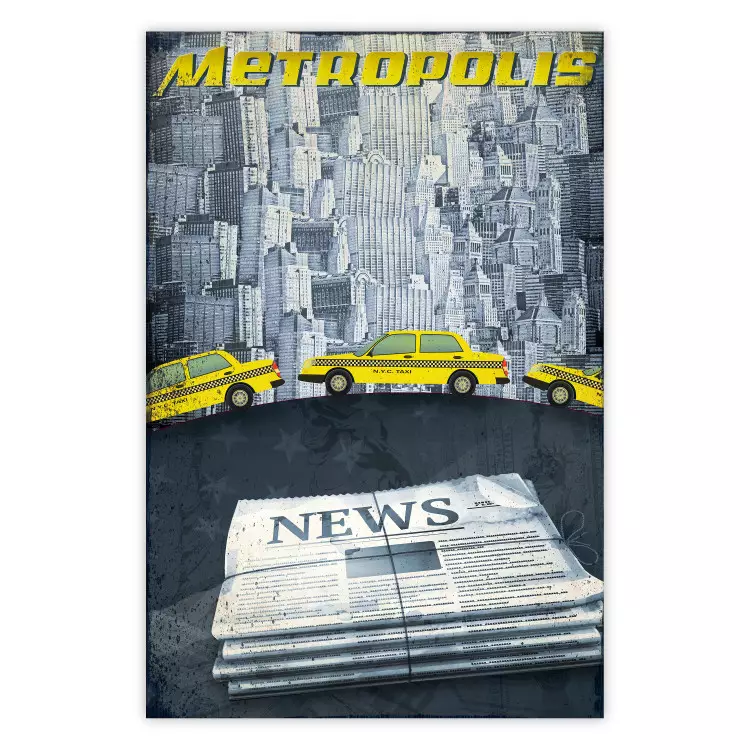 Metropolis - newspapers with captions and yellow cars against skyscrapers