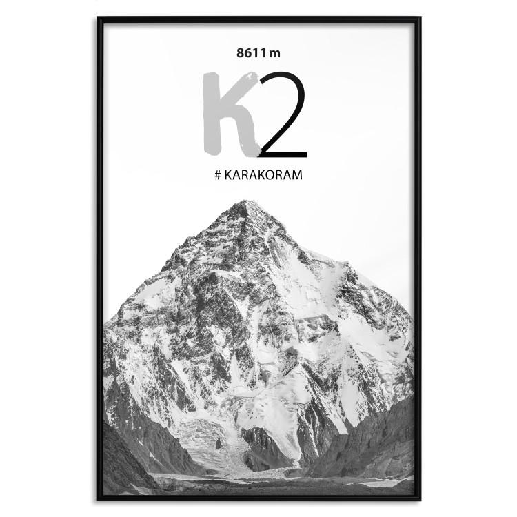 Poster K2 - English captions on black and white mountain landscape backdrop