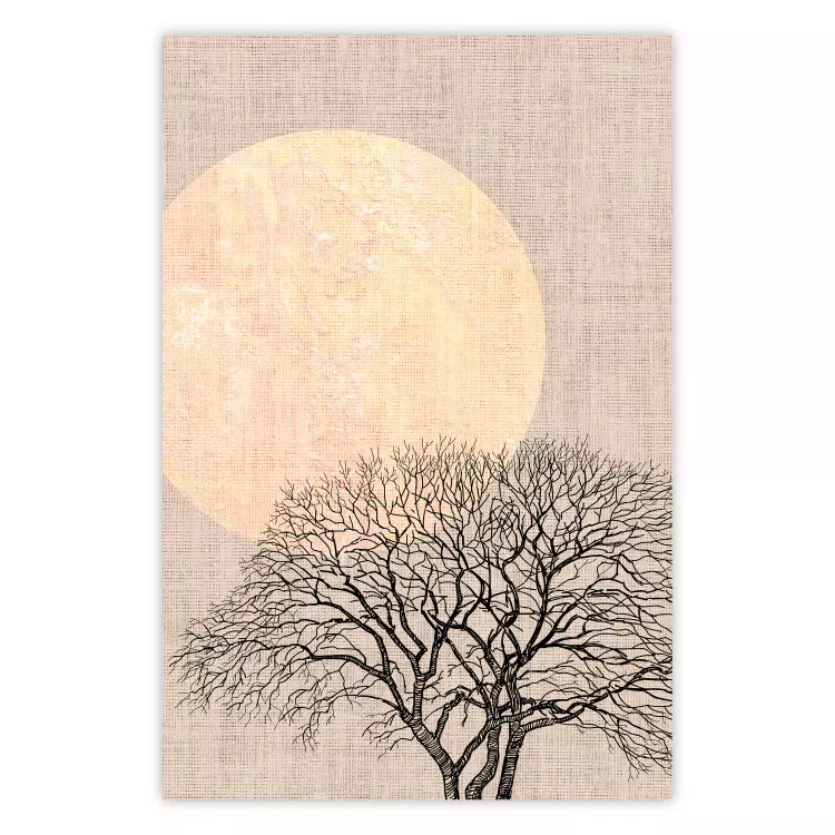 Morning Full Moon - tree and yellow moon on fabric texture