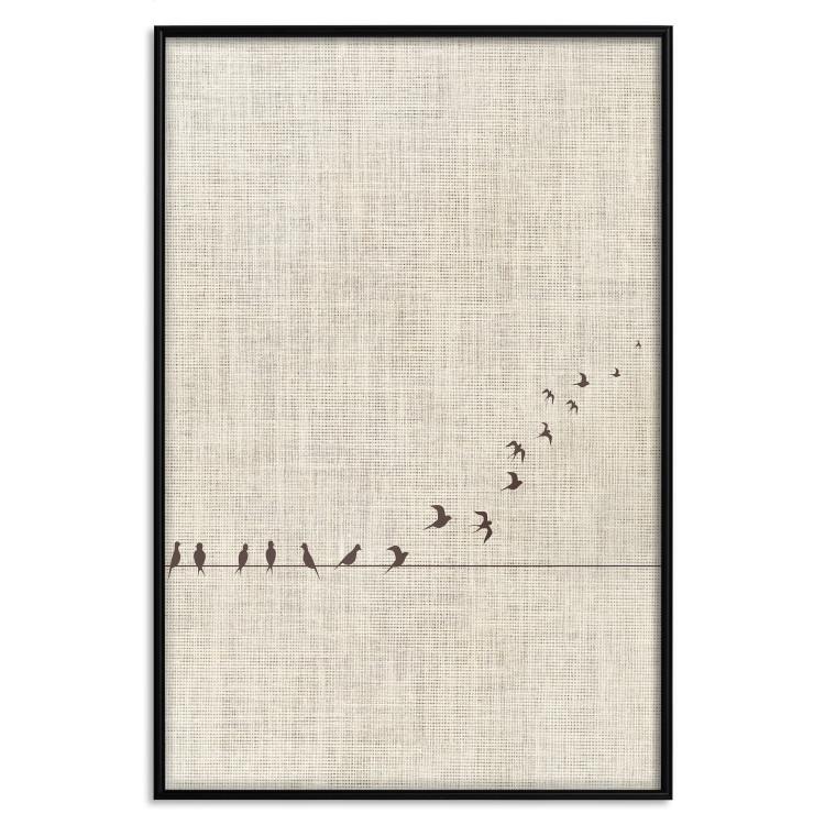 Poster Your Turn - black birds flying away sequentially on fabric texture