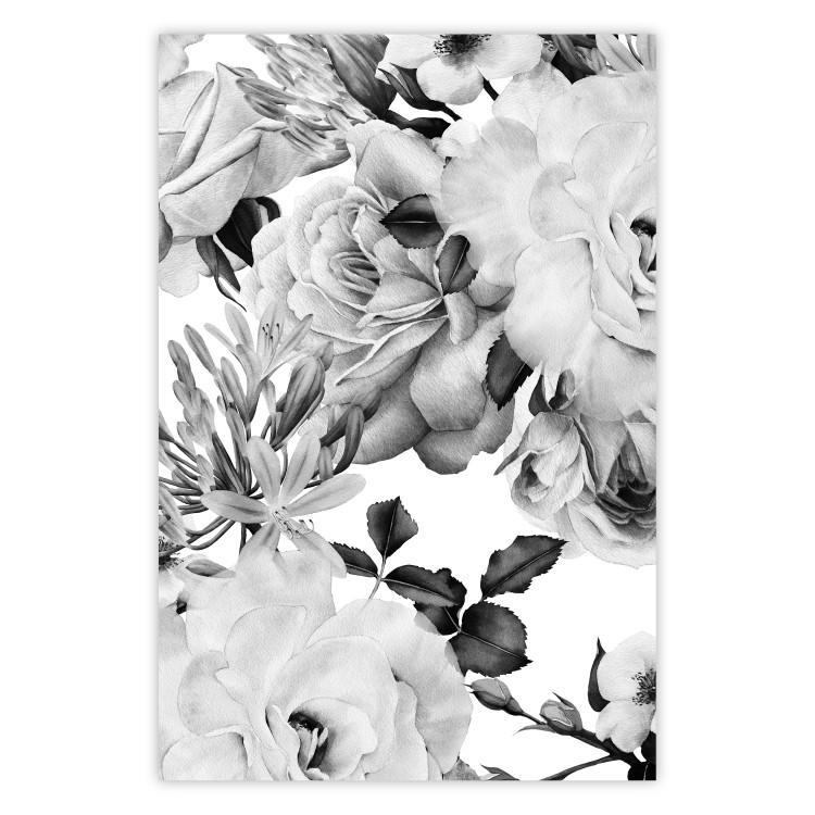 Poster Monochrome Flowers - black and white motif of flowers and leaves on white background