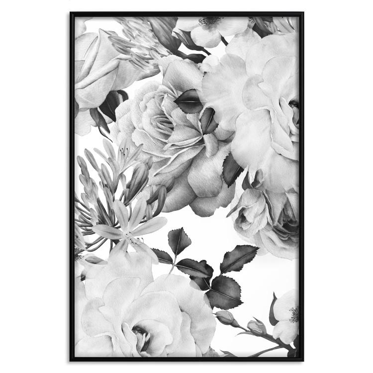 Poster Monochrome Flowers - black and white motif of flowers and leaves on white background