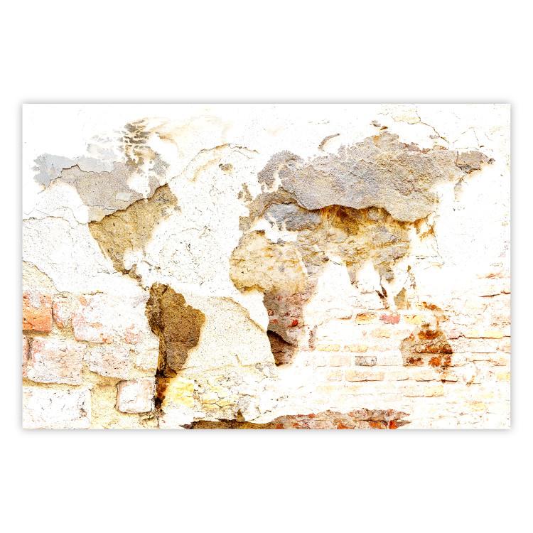 Poster Paint My World - world map on distressed brick texture