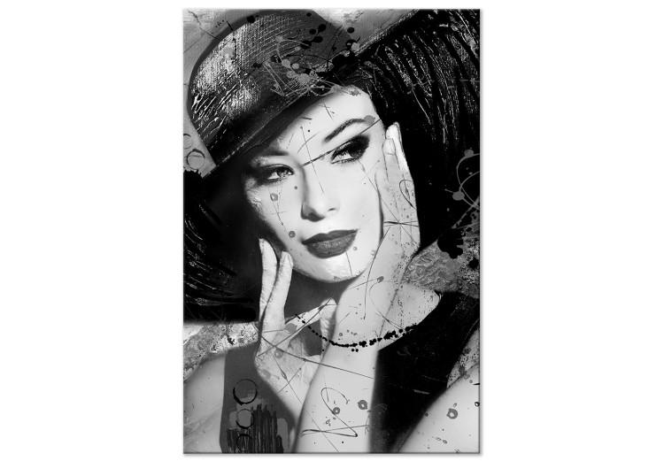 Canvas Print Woman with hat - black and white retro portrait of a woman