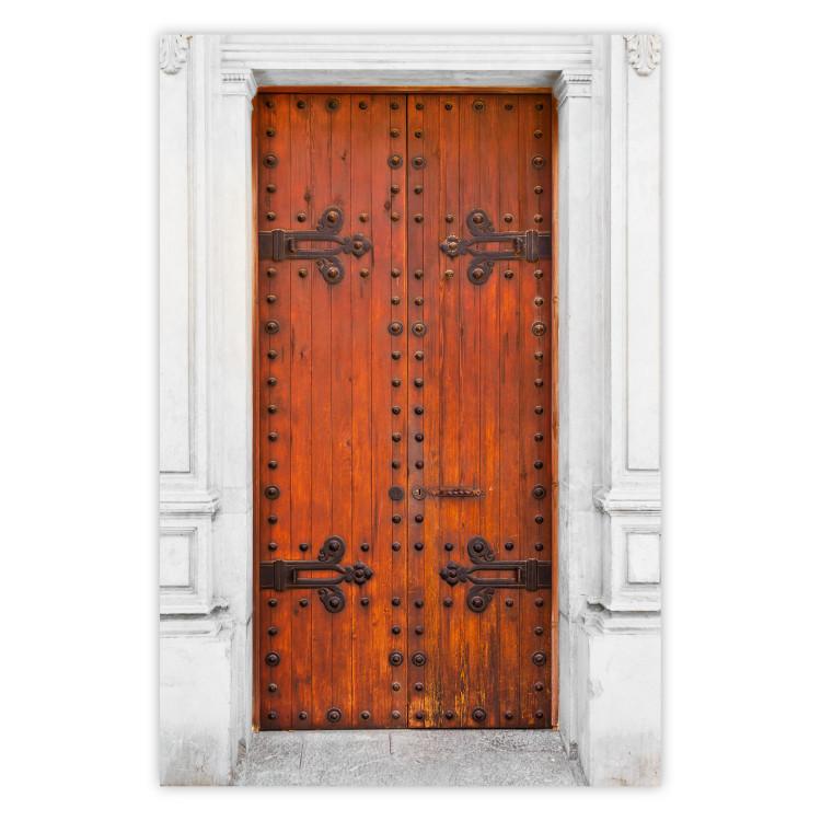 Poster Mysterious Doors - architectural wooden gates in white building