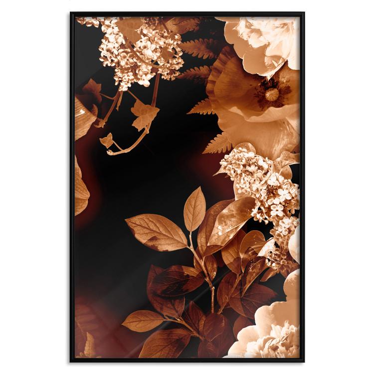 Poster September Night - flowers and leaves in autumn colors on black background