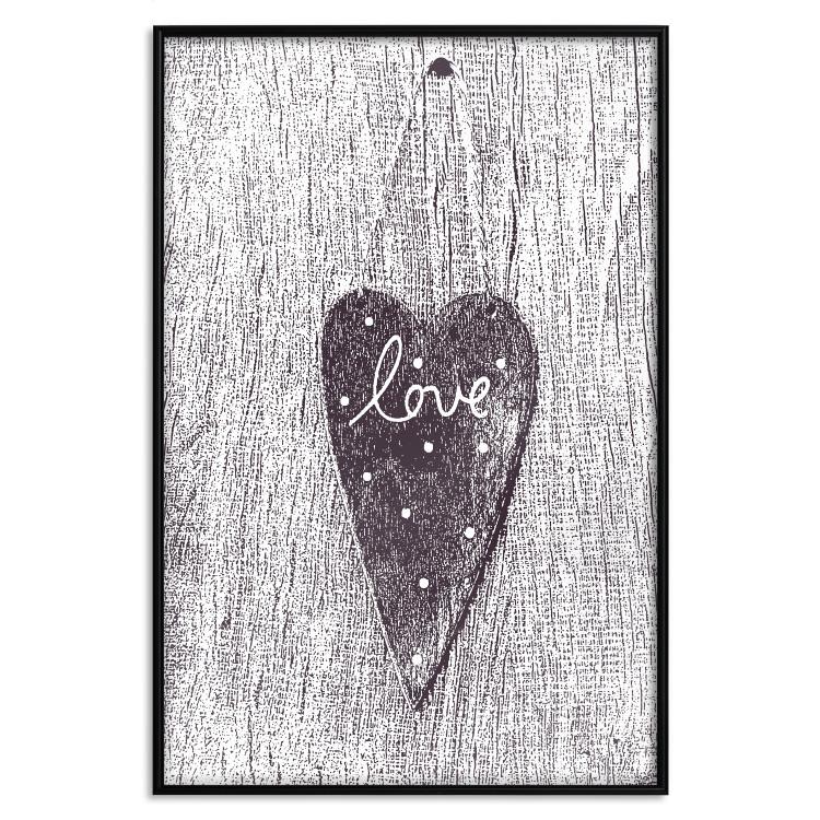 Poster Cutout Love - heart with "love" inscription on black and white wood texture