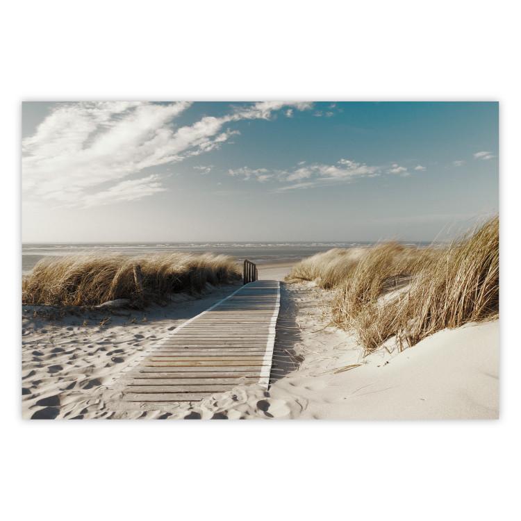 Poster Abandoned Beach - wooden path on beach against sea and sky background