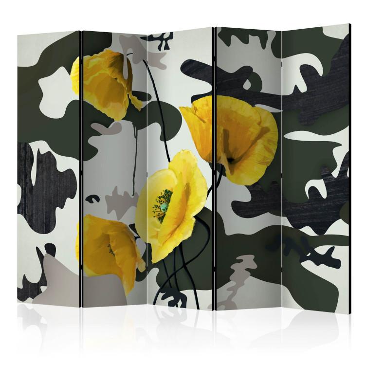 Room Divider Freshly Painted II (5-piece) - yellow poppies in black and white design