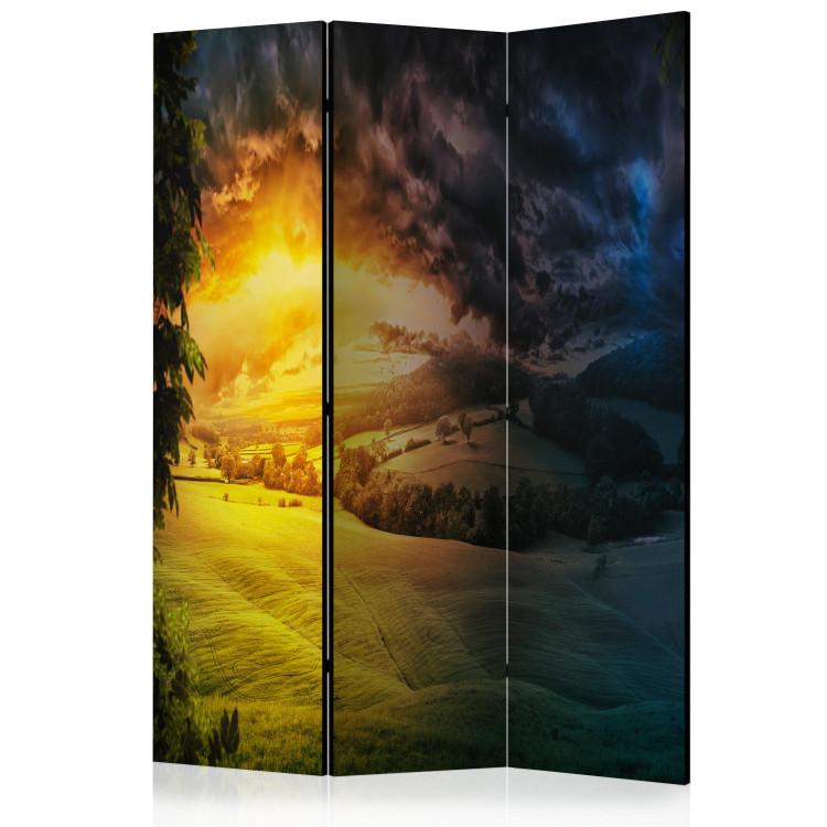 Room Divider Twilight Over the Valley (3-piece) - fields and meadows against the backdrop of sunny mountains