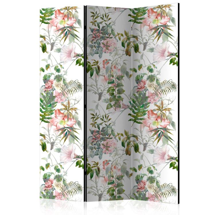 Room Divider Beautiful Garden (3-piece) - tropical motif with pink flowers and leaves