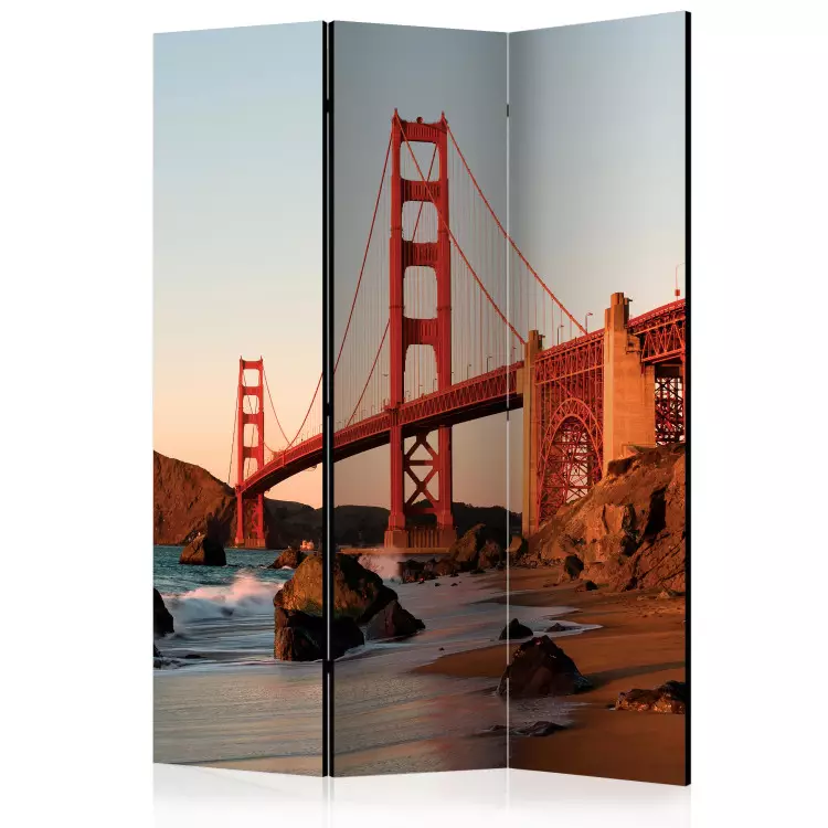 Room Divider Fiery Landscape (3-piece) - red bridge against the backdrop of sea waves