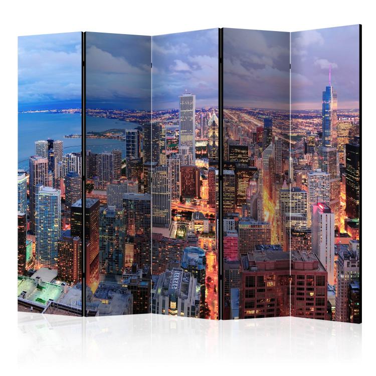 Room Divider Illuminated Chicago II (5-piece) - skyscrapers against the night sky