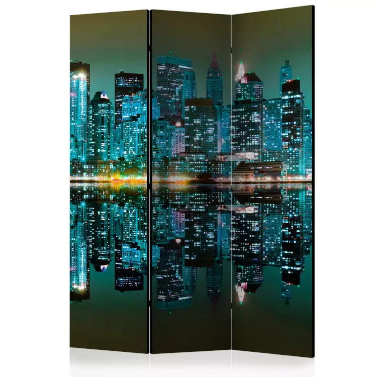 Room Divider Gold Reflections - NYC (3-piece) - city skyline against the night sky