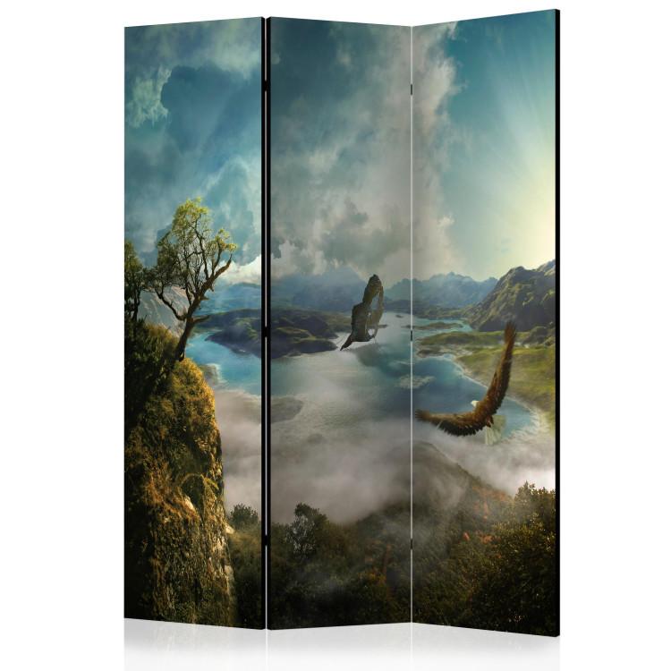 Room Divider Flight Over the Lake (3-piece) - scenic landscape among trees and mountains
