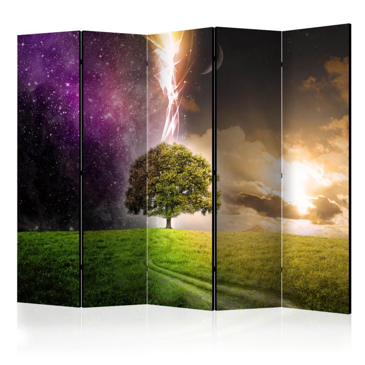 Room Divider Magical Tree II (5-piece) - colorful fantasy in a nighttime meadow
