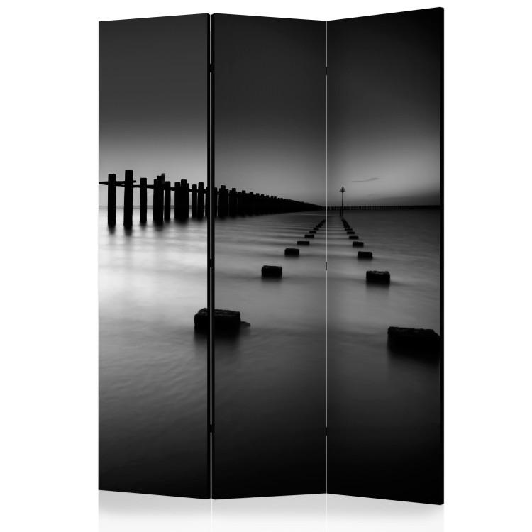 Room Divider Beyond the Horizon (3-piece) - black and white landscape of calm sea
