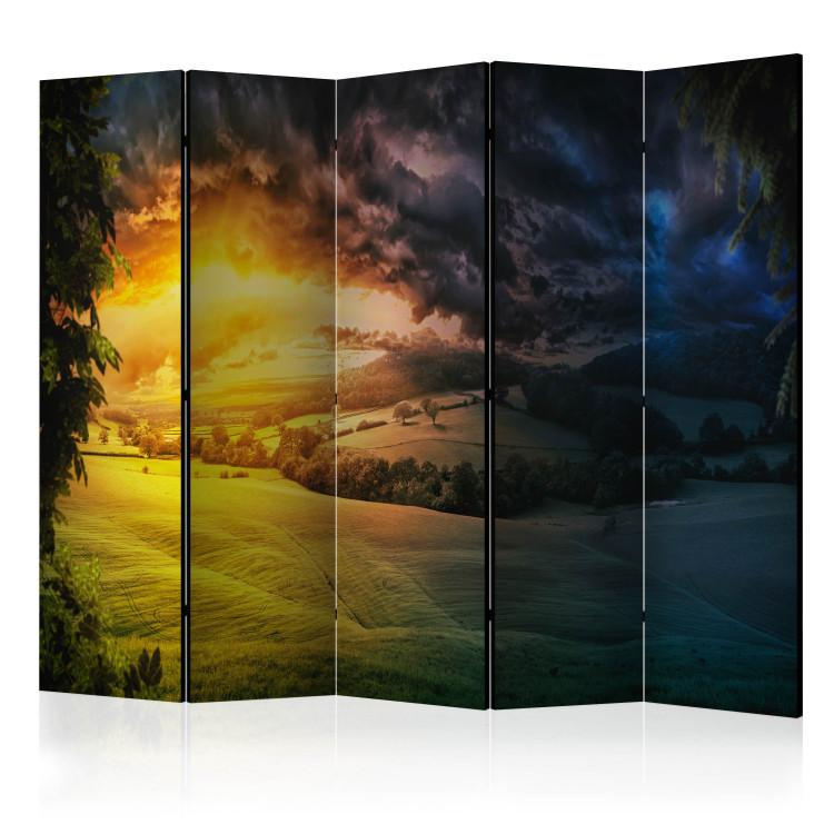 Room Divider Twilight over the Valley II (5-piece) - colorful landscape of fields and meadows
