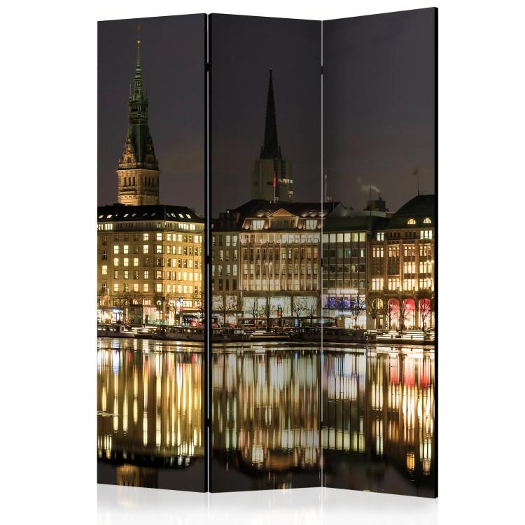 Room Divider Night in Hamburg (3-piece) - city lights reflecting on water