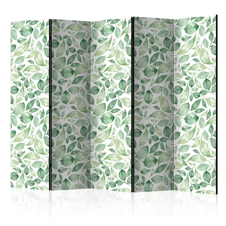 Room Divider Natural Beauty II (5-piece) - pattern of green leaves and light background