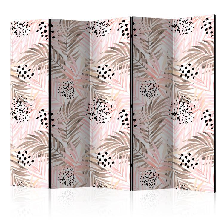 Room Divider Pink Palms II (5-piece) - tropical leaves with a touch of gold and bronze