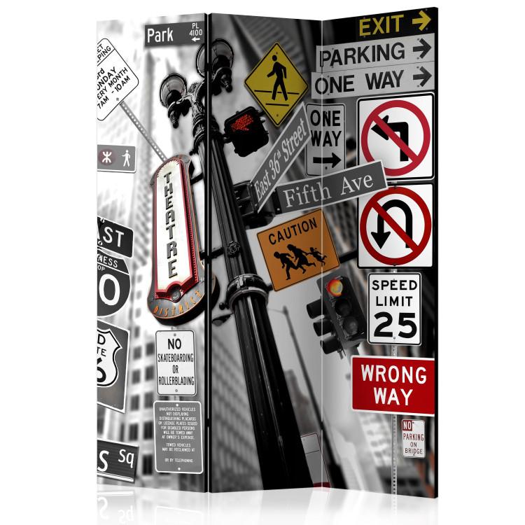 Room Divider New York Signs (3-piece) - mural of road signs against city backdrop