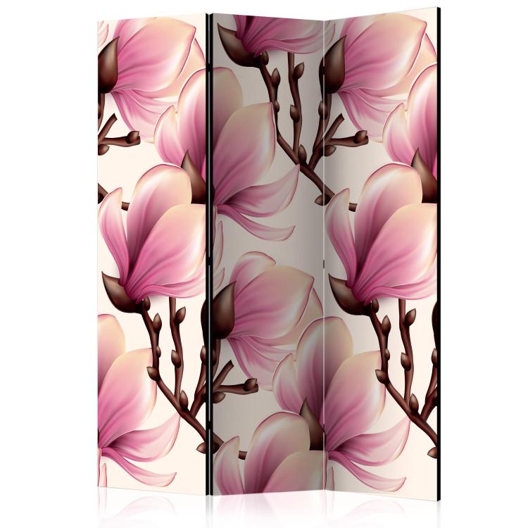 Room Divider Blooming Magnolias (3-piece) - pink flowers among brown branches