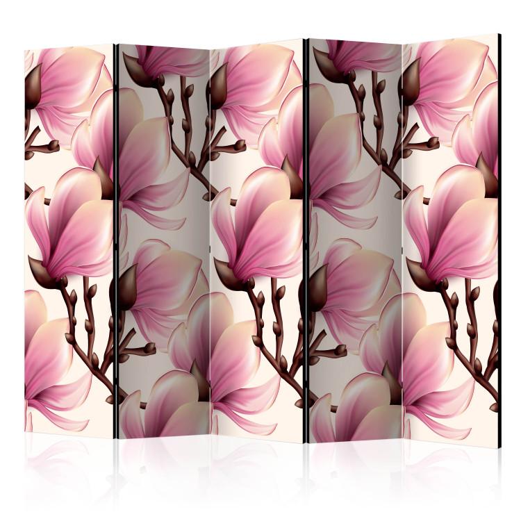 Room Divider Blooming Magnolias II (5-piece) - pattern of pink flowers and light background