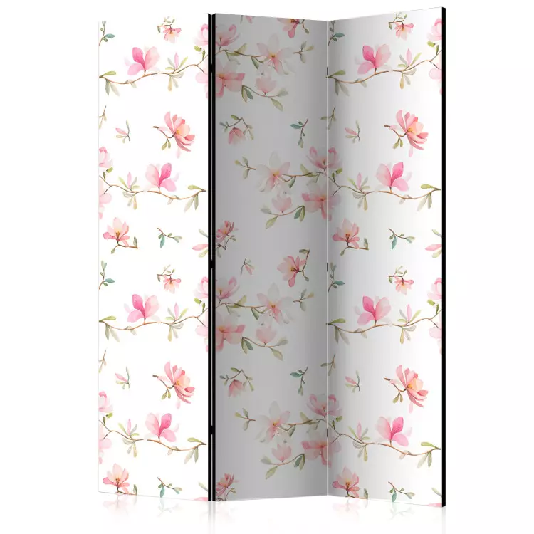 Room Divider Fresh Magnolias (3-piece) - delicate pink flowers on white background