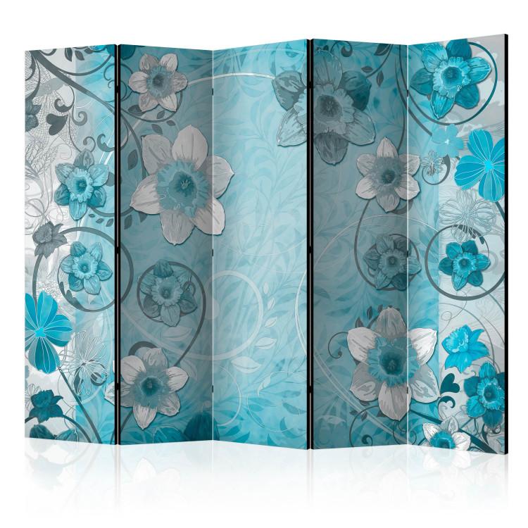 Room Divider Scent of Spring II (5-piece) - abstraction with blue flowers and leaves