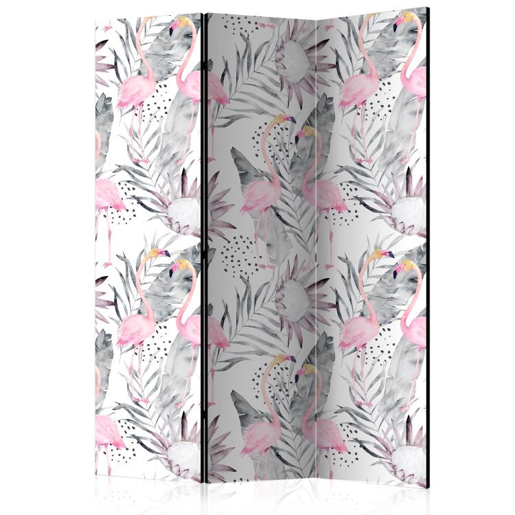 Room Divider Flamingos and Twigs (3-piece) - pink birds surrounded by plants