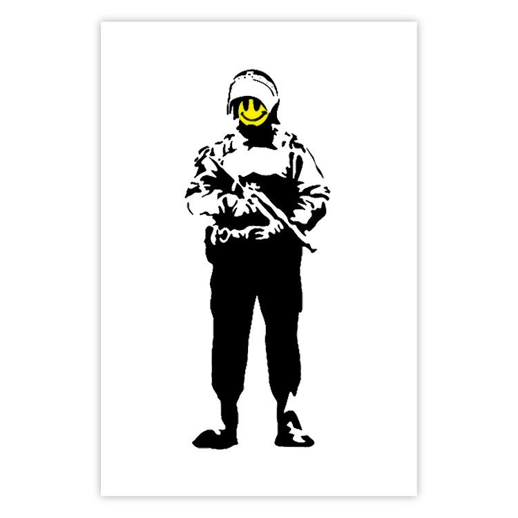 Poster Smiling Policeman - black and white character with gun and yellow smiley face