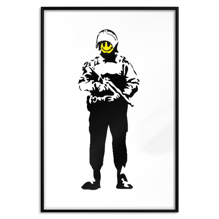 Poster Smiling Policeman - black and white character with gun and yellow smiley face
