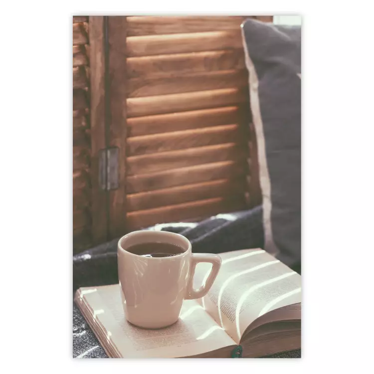 Mug of Memories - open book with tea against wooden doors