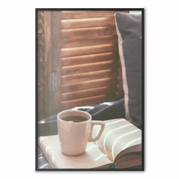 Mug of Memories - open book with tea against wooden doors