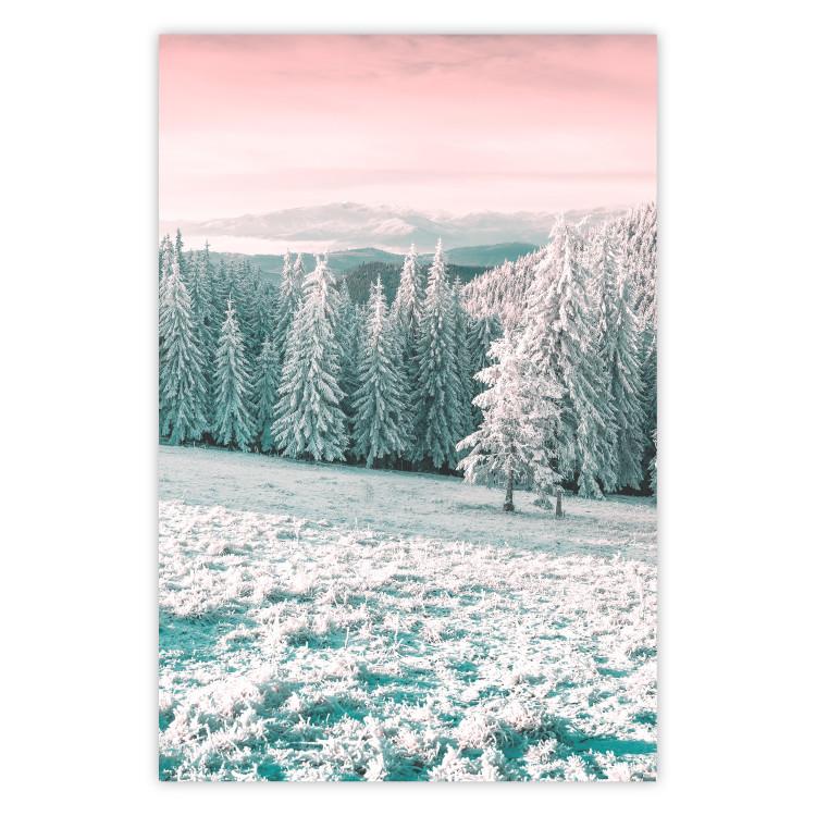 Poster Harsh Winter - winter forest landscape against mountains and red sky