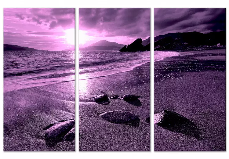 Canvas Print Purple sunset - triptych with beach, sea and mountains in background