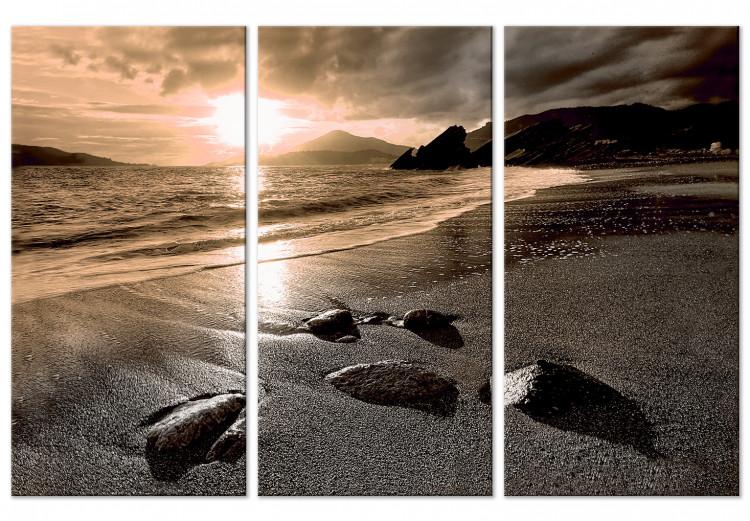 Canvas Print Sunset in sepia - sea landscape triptych with beach and mountains