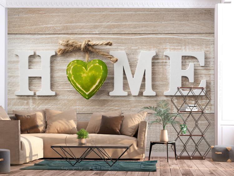 Wall Mural Home sign on a wooden wall - white English text with a heart