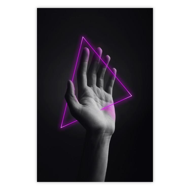 Poster Hand and Triangle - black and white hand with a fancy neon triangle