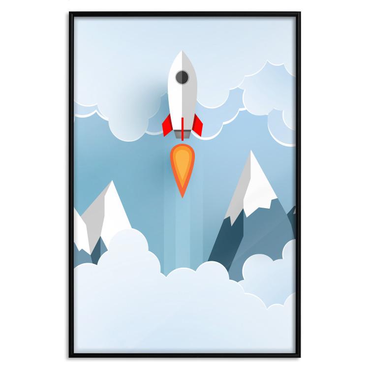 Poster Rocket in the Clouds - rocket flying amidst mountains and clouds in a pastel style