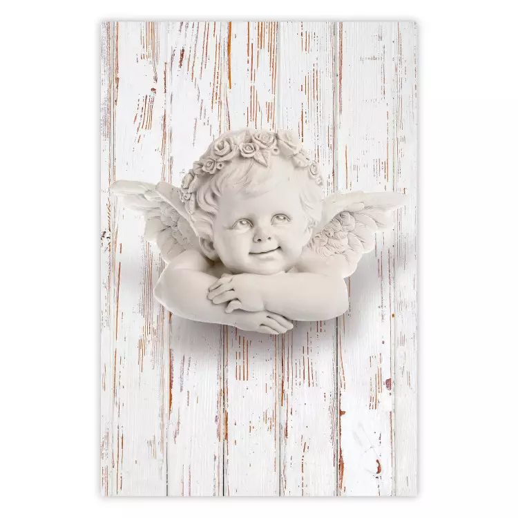 Happy Dawn - sculpture of an angel on a white wooden texture background