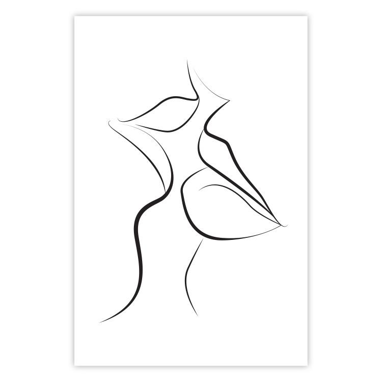 Poster First Kiss - black and white line art of lips in an abstract form