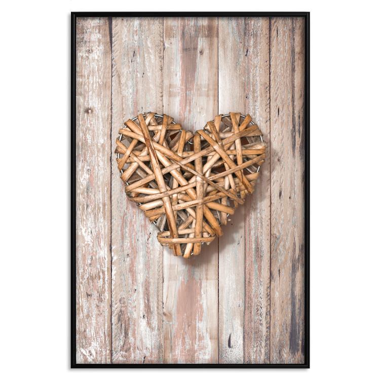 Poster Warm Heart - brown heart with a bouquet on a wooden texture