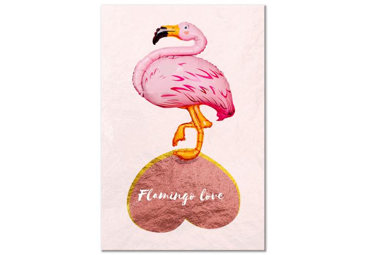 Canvas Print Flamingo standing on inverted heart - bird with an English inscription