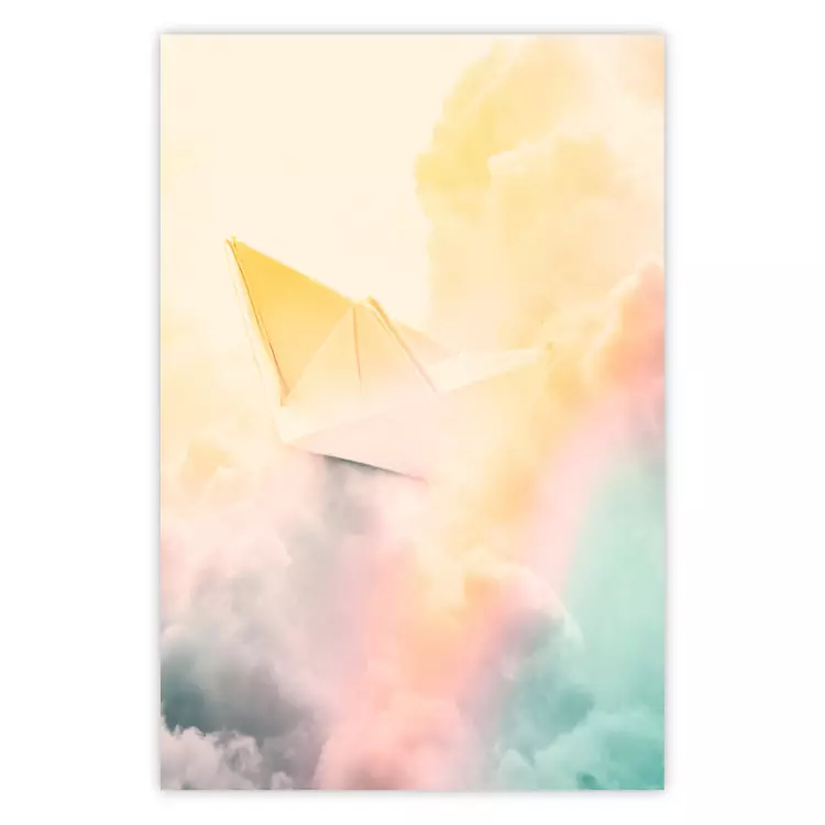 Origami - paper boat in cloud of clouds in a colorful rainbow motif